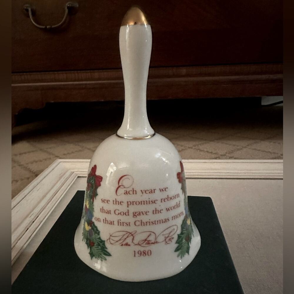 Vintage Collectible Helen Steiner Rice 1980 porcelain Christmas Bell w garland